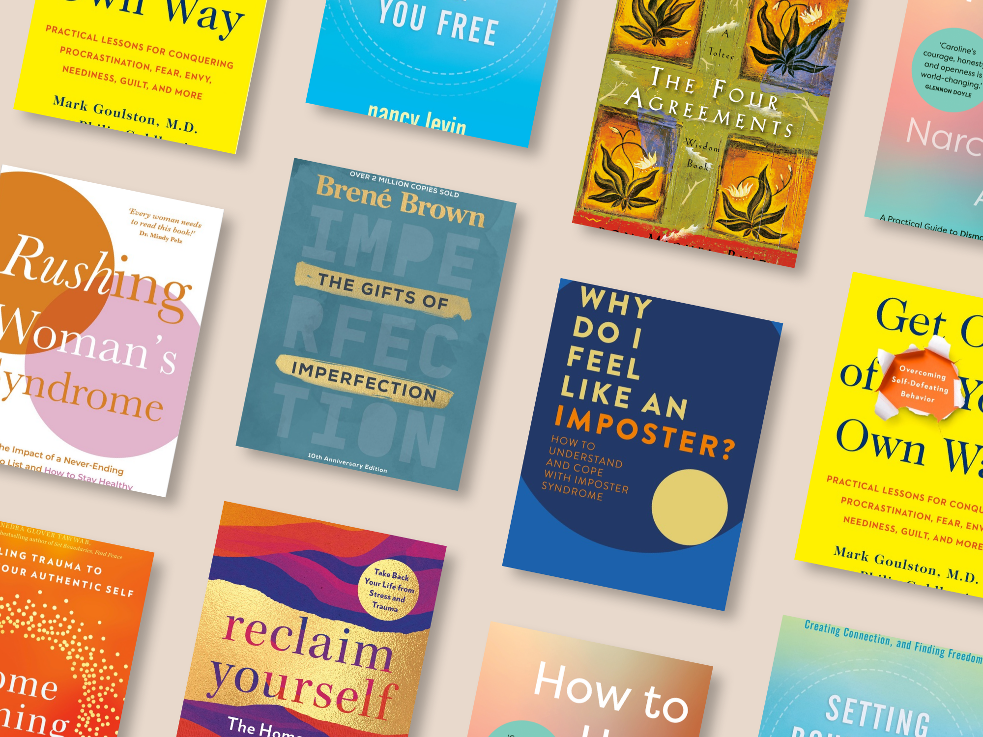 A collage of multiple book covers arranged on a white background, including titles such as 'Rushing Woman's Syndrome,' 'The Gifts of Imperfection,' 'Why Do I Feel Like an Imposter?' and 'Reclaim Yourself.' No person, animal, or real environment is present, so this is Product/Packaging rather than Lifestyle.