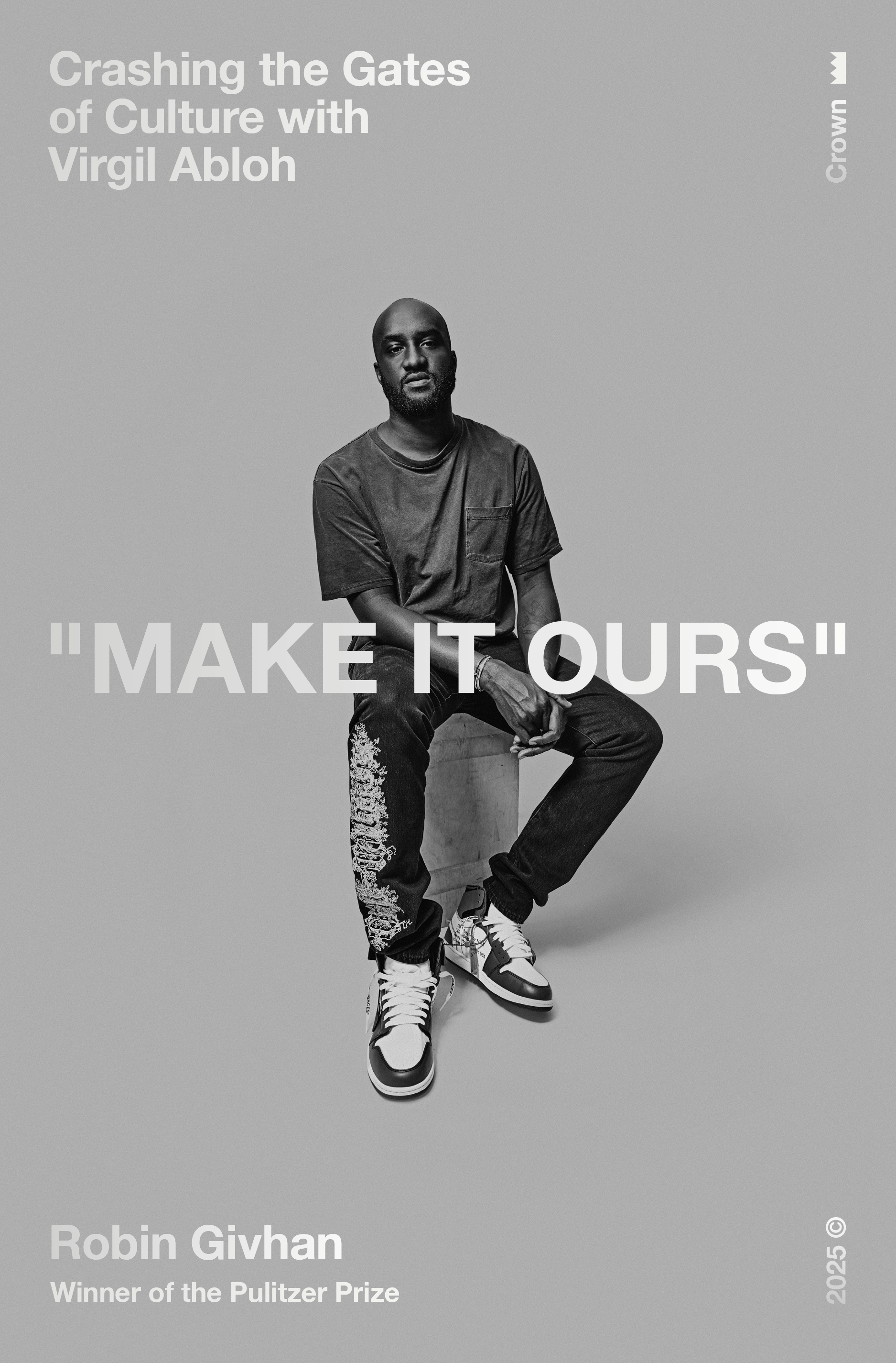 Photo of Virgil Abloh in Black and White on Hardcover Book for Make It Ours_Crashing the Gates of Culture with Virgil Abloh By Robin Givhan