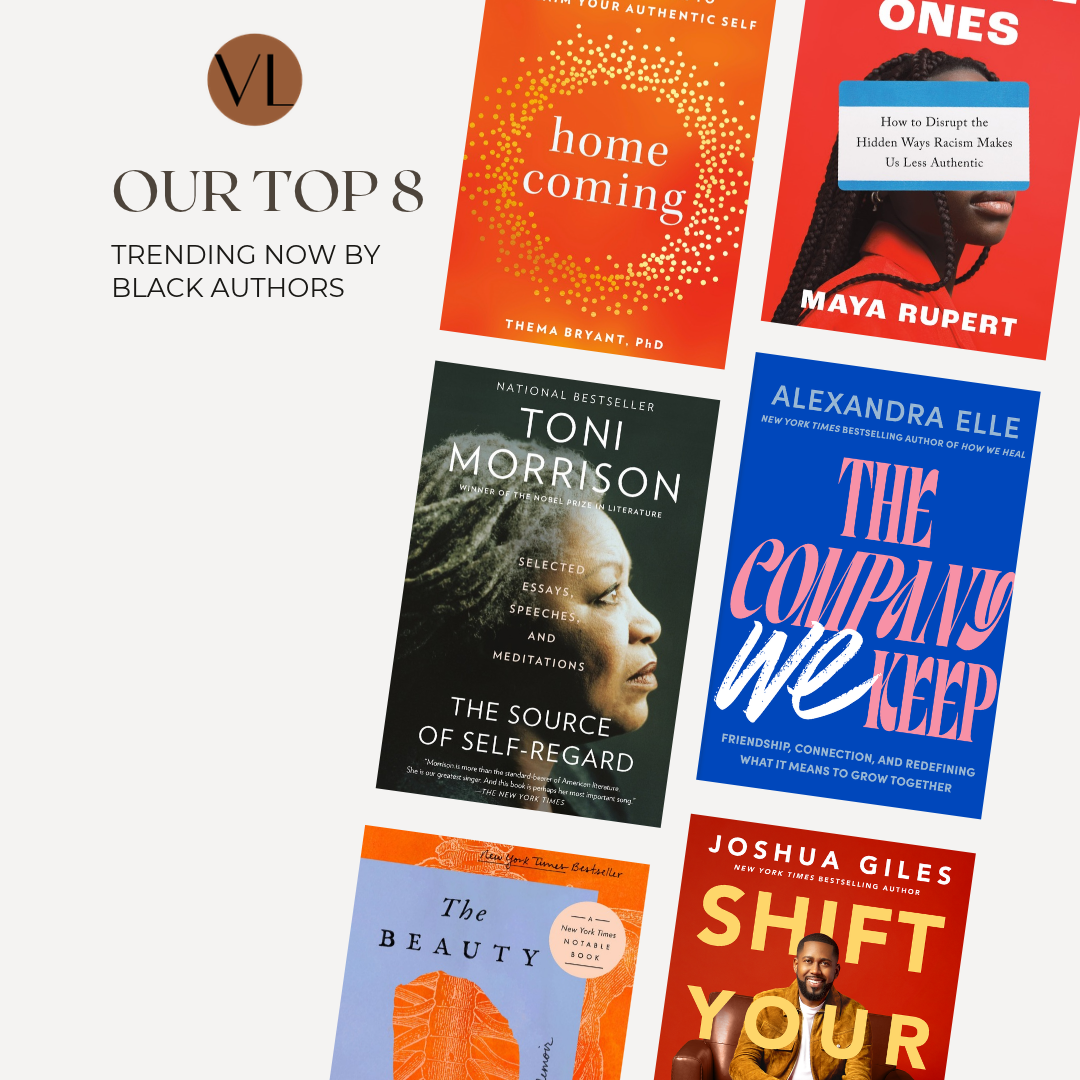 A promotional collage of six book covers arranged on a light gray background with the text 'OUR TOP 8 TRENDING NOW BY BLACK AUTHORS' in the VERGE Lifestyle Online Bookstore. The visible books include Homecoming by Dr. Thema Bryant, The Source of Self-Regard by Toni Morrison, The Company We Keep by Alexandra Elle, The Beauty in Breaking by Michele Harper, Shift Your by Joshua Giles, and The Real Ones by Maya Rupert.